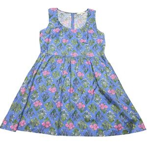 LOFT Floral Print Fit & Flare Dress Linen Blend Sleeveless Summer Blue‎ Size 8